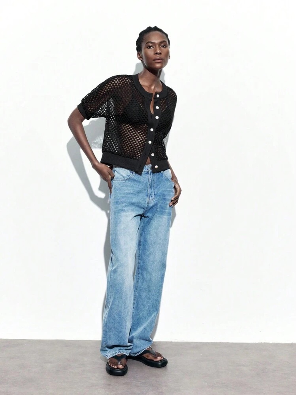 Black Open-Knit Short Sleeve Cardigan - Picture 3 of 5